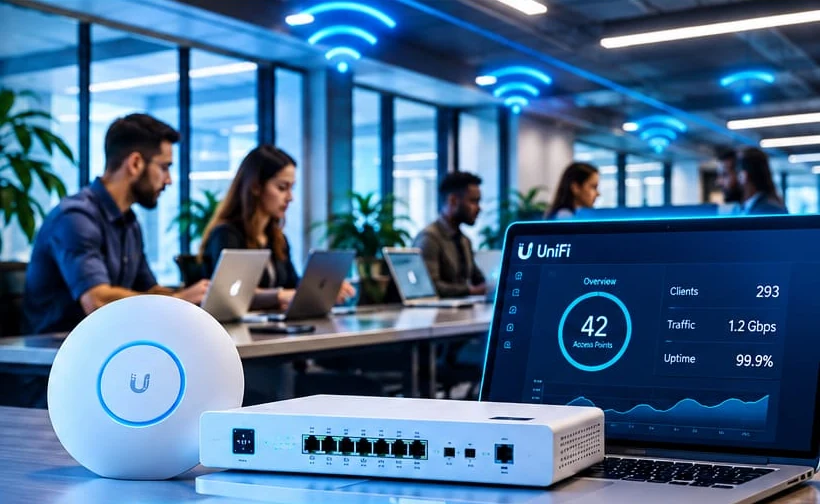 Access point e switch UniFi instalados em um escritório, com painel de gerenciamento da rede aberto em um notebook